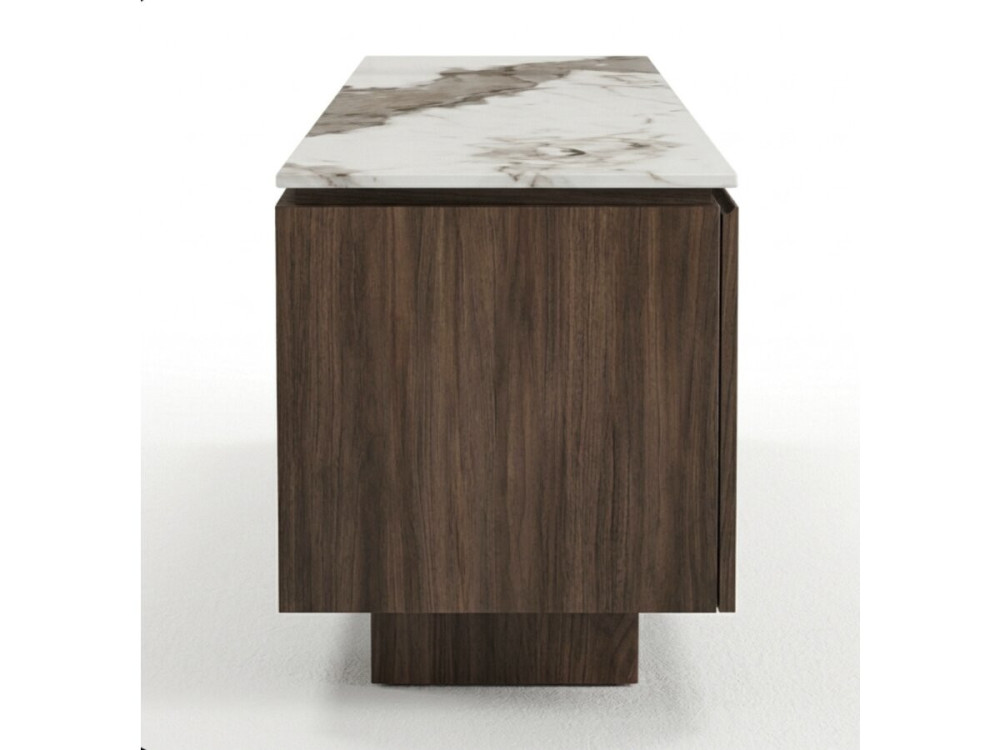Drewniana szafka pod telewizor z ceramiczną półką „Elma” – 160 x 45 x 45 cm – brązowa