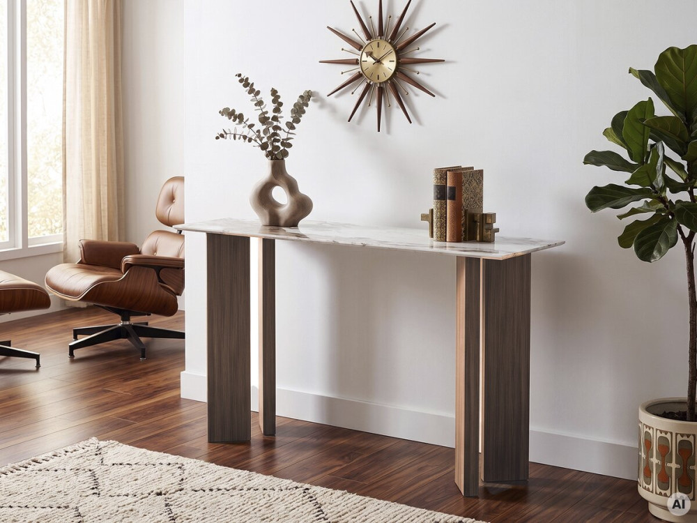Drewniana konsola z ceramicznym blatem „Elma” – 140 x 40 x 80 cm – brązowa