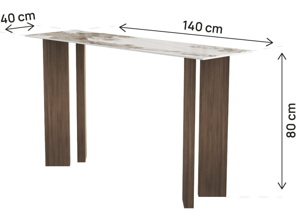 Drewniana konsola z ceramicznym blatem „Elma” – 140 x 40 x 80 cm – brązowa