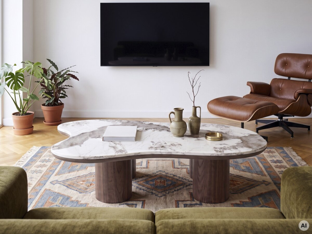 Drewniany stolik kawowy z ceramicznym blatem „Kora” – 120 cm – brązowy