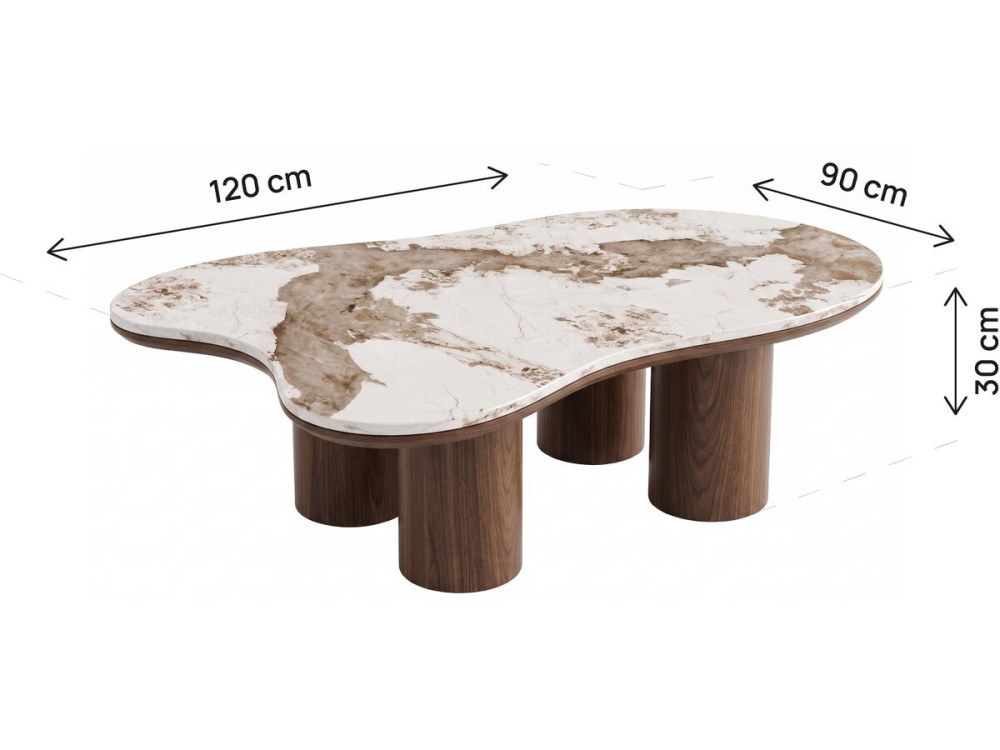 Drewniany stolik kawowy z ceramicznym blatem „Kora” – 120 cm – brązowy