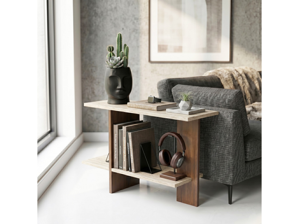 Drewniany stolik pomocniczy „Essenziale” – 80 x 30 x 55 cm – trawertyn / orzech
