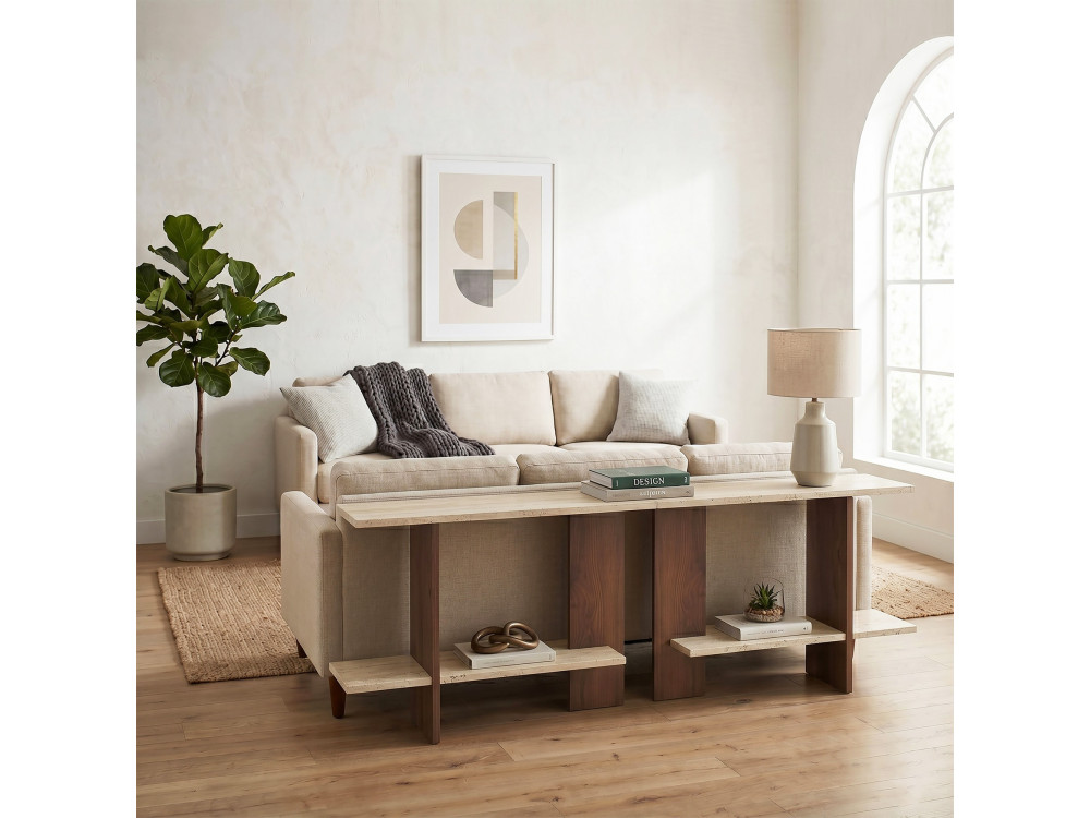 Drewniany stolik pomocniczy „Essenziale” – 80 x 30 x 55 cm – trawertyn / orzech