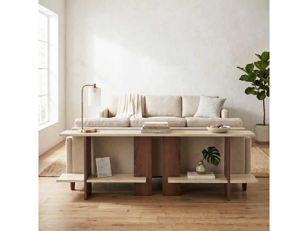 Drewniany stolik pomocniczy „Essenziale” – 80 x 30 x 55 cm – trawertyn / orzech