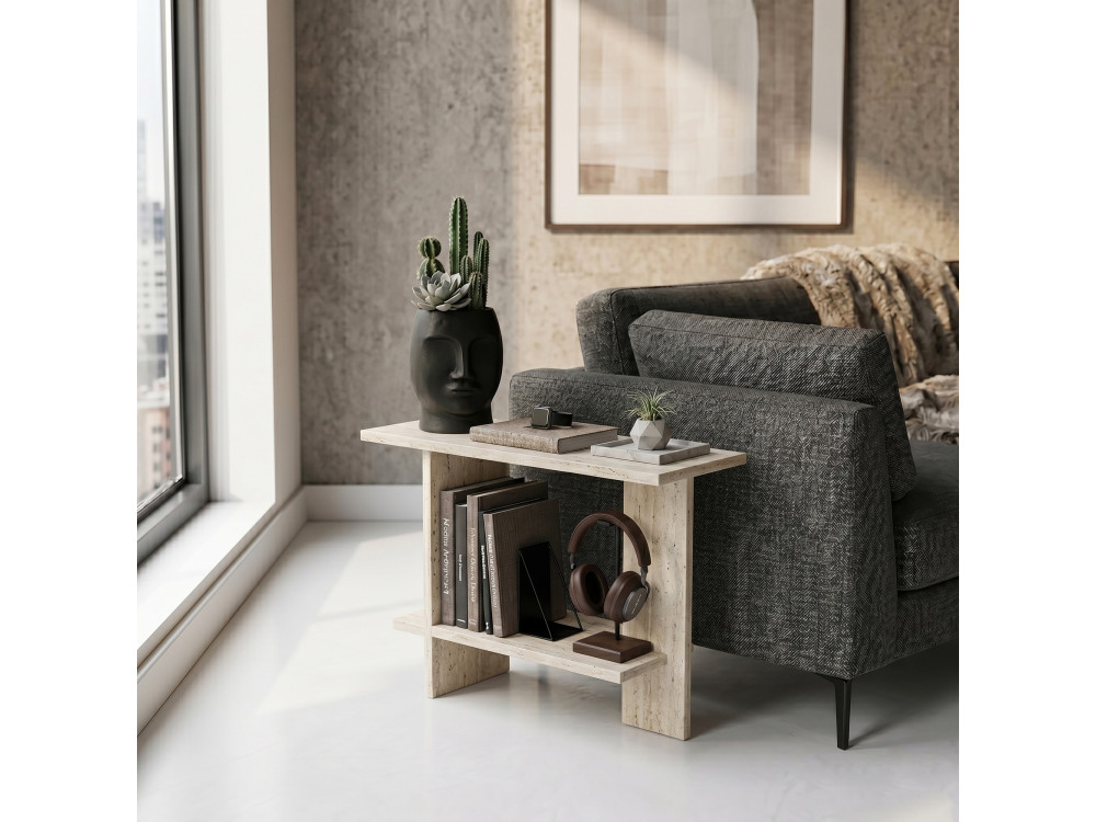 Drewniany stolik pomocniczy „Essenziale” – 80 x 30 x 55 cm – trawertyn