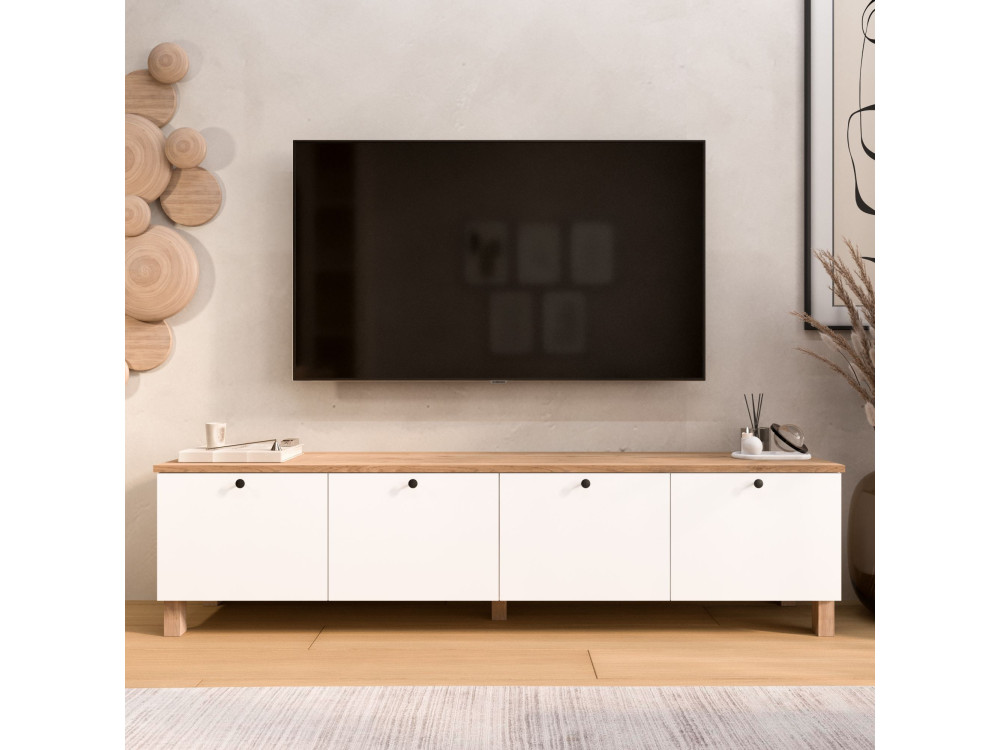 Drewniana szafka pod telewizor „Nord” – 180 x 34 x 45 cm – biała / dębowa