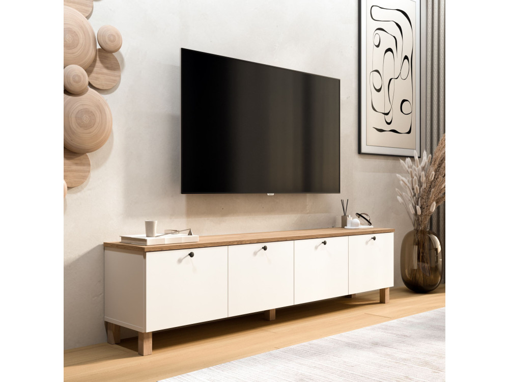 Drewniana szafka pod telewizor „Nord” – 180 x 34 x 45 cm – biała / dębowa