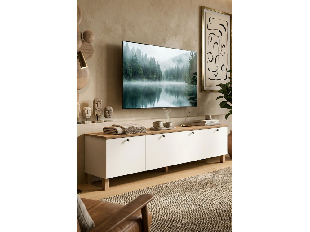Drewniana szafka pod telewizor „Nord” – 180 x 34 x 45 cm – biała / dębowa