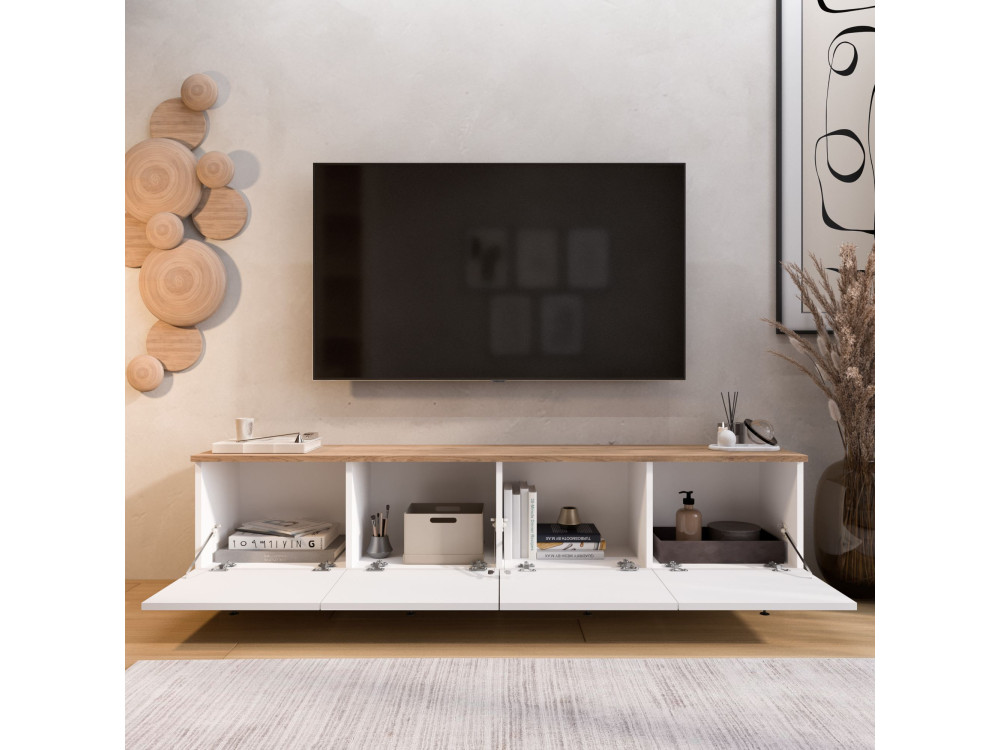 Drewniana szafka pod telewizor „Nord” – 180 x 34 x 45 cm – biała / dębowa