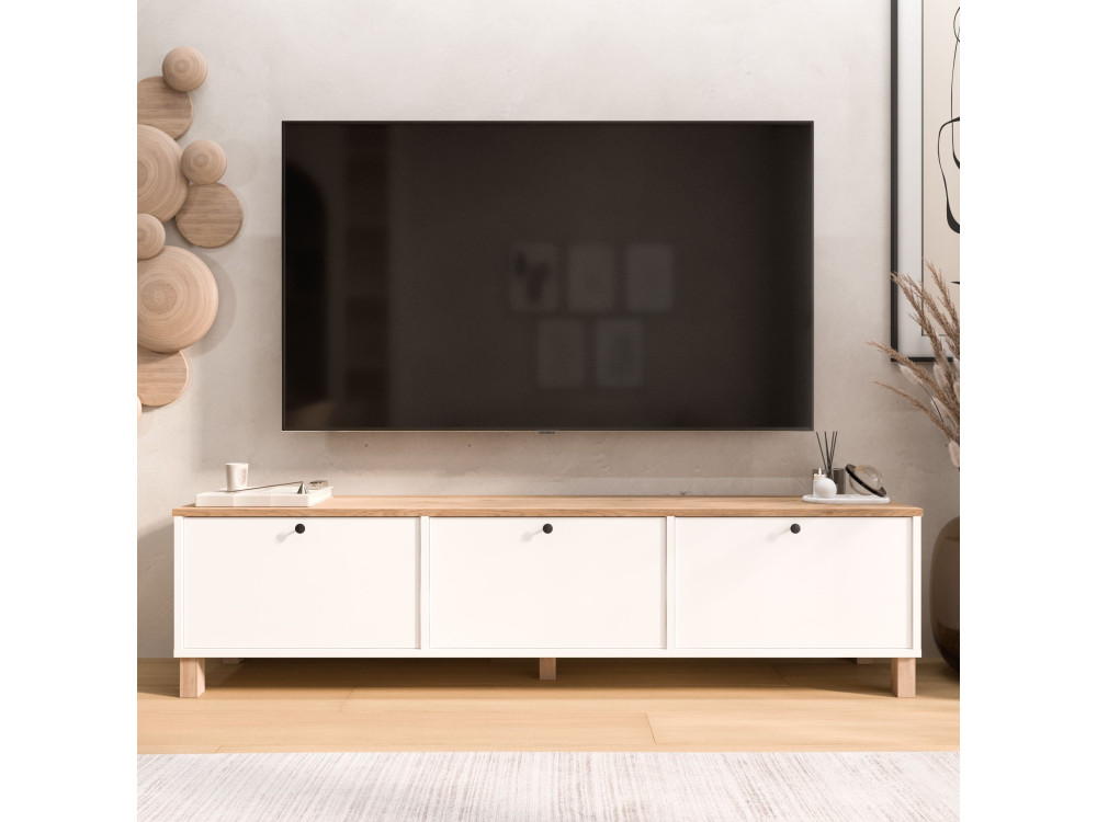 Drewniana szafka pod telewizor „Nord” – 180 x 32 x 45 cm – biała / dębowa
