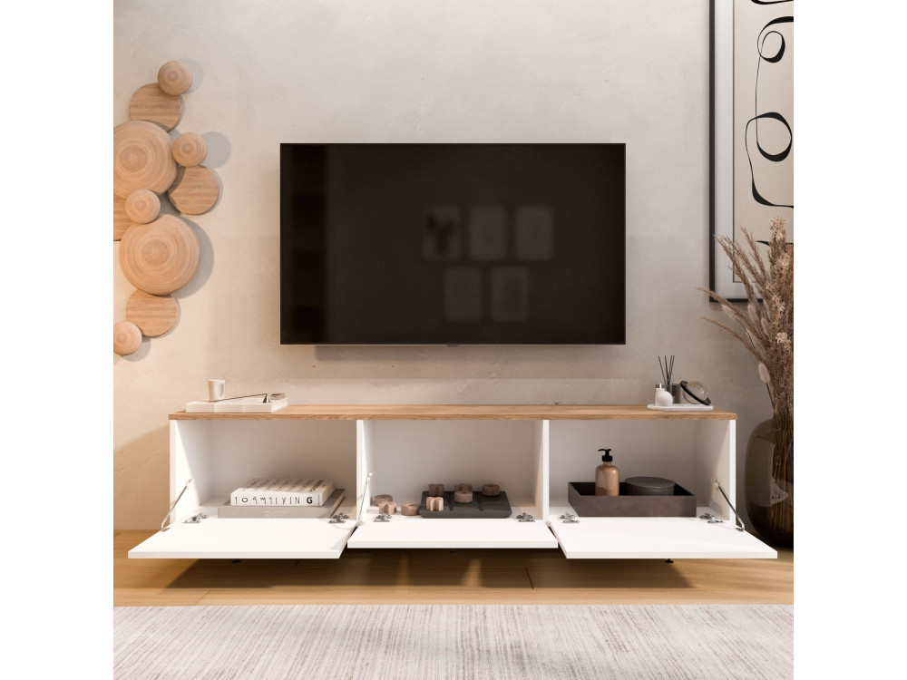 Drewniana szafka pod telewizor „Nord” – 180 x 32 x 45 cm – biała / dębowa