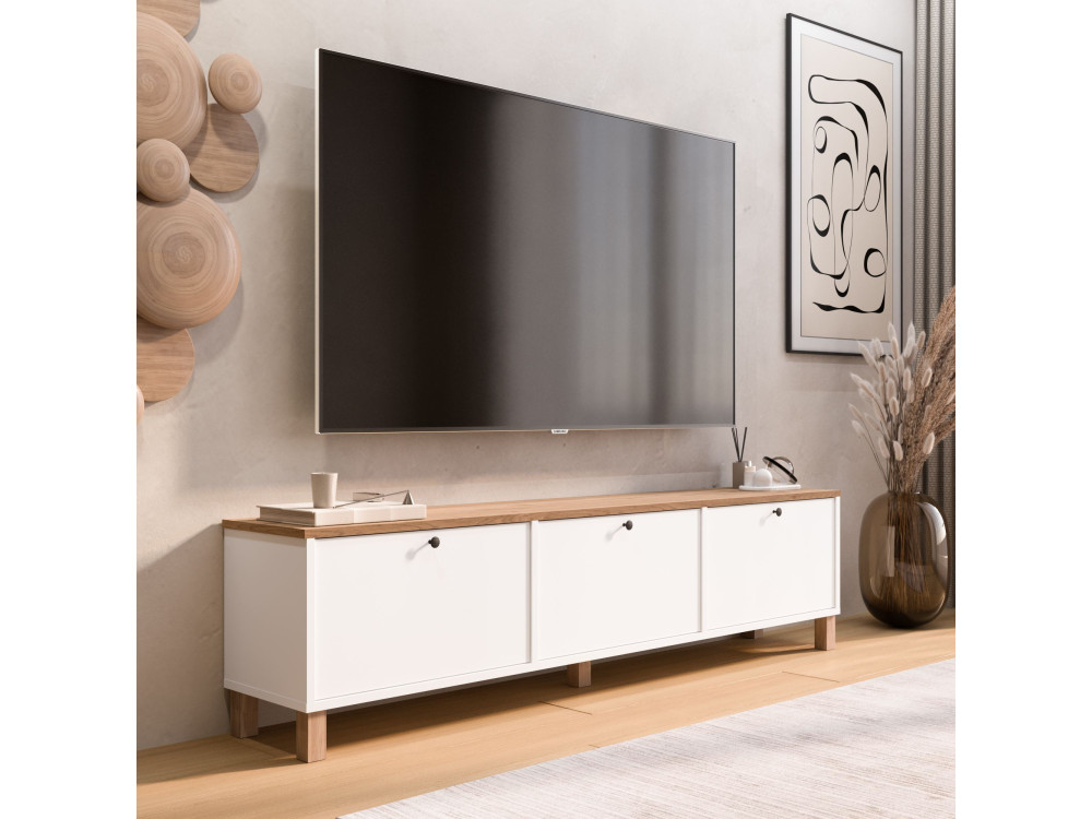 Drewniana szafka pod telewizor „Nord” – 180 x 32 x 45 cm – biała / dębowa