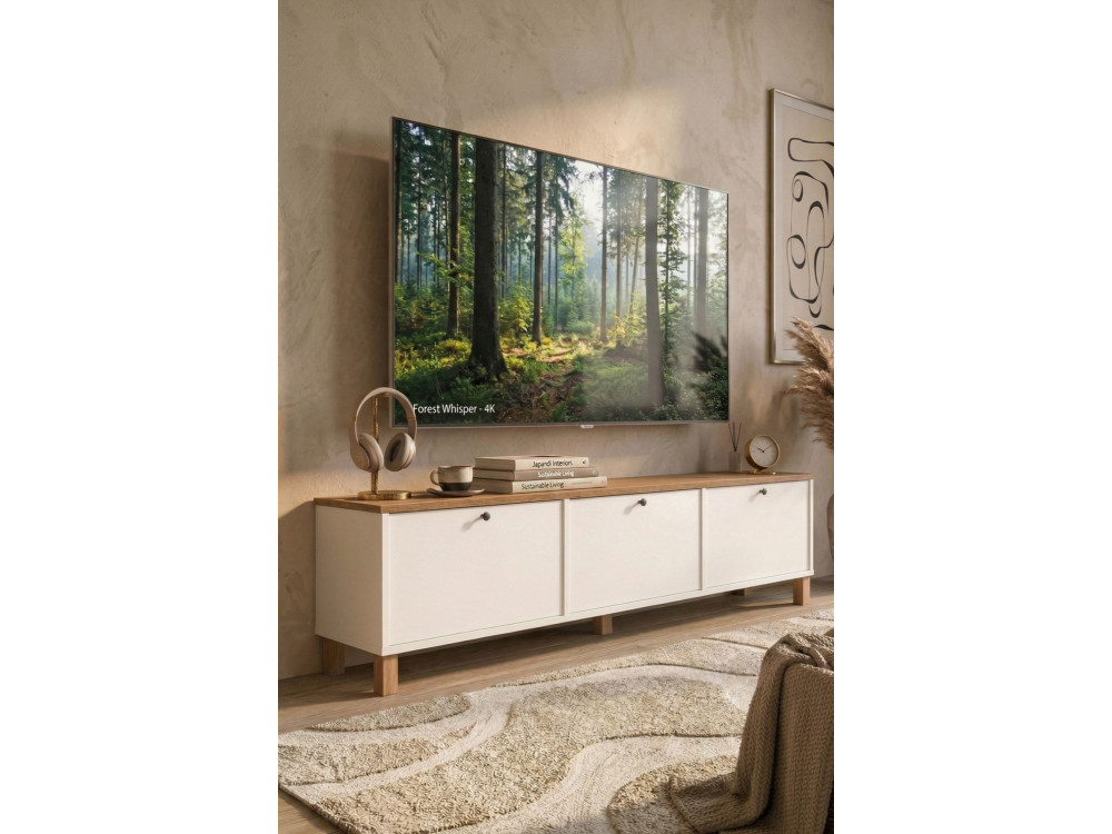 Drewniana szafka pod telewizor „Nord” – 180 x 32 x 45 cm – biała / dębowa