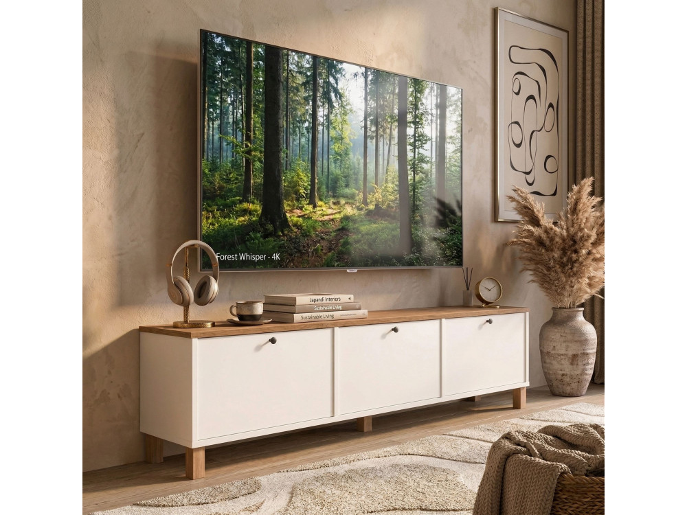 Drewniana szafka pod telewizor „Nord” – 180 x 32 x 45 cm – biała / dębowa
