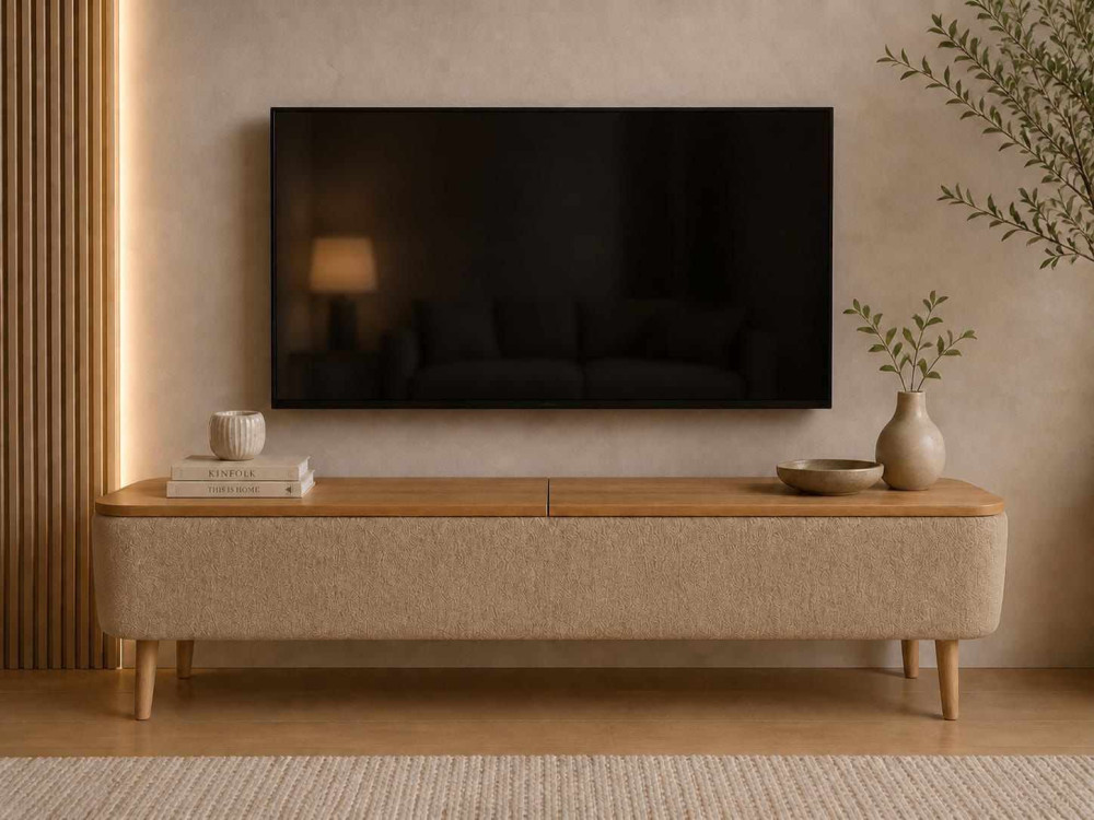 Drewniana szafka pod telewizor „Sarven” – 120 x 30 x 45 cm – beżowa