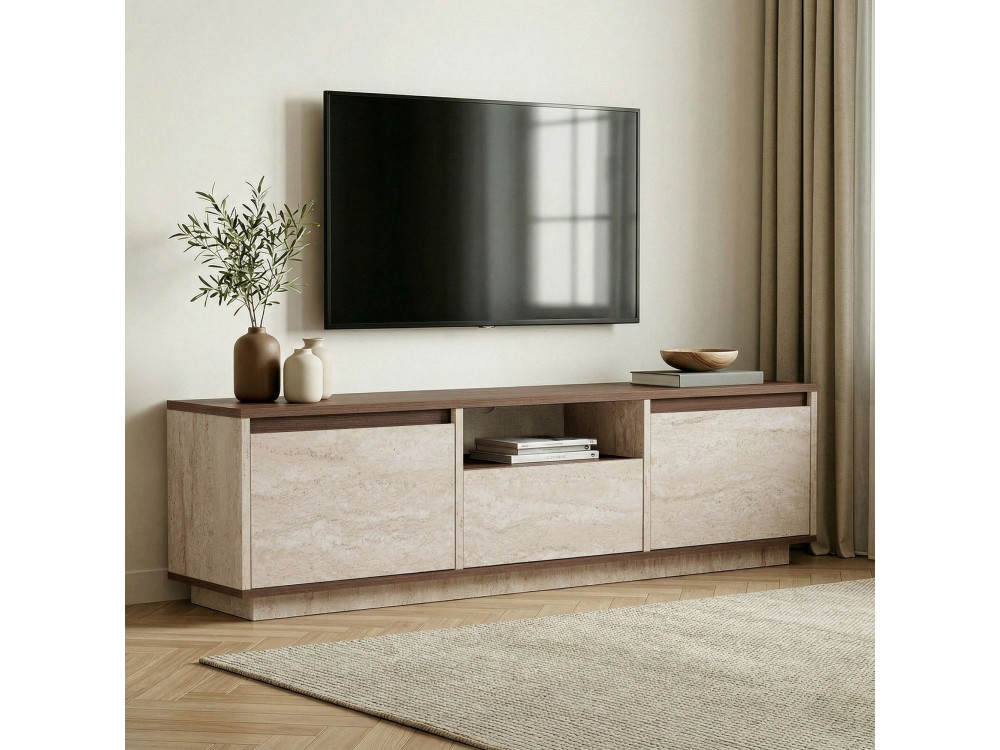 Drewniana szafka pod telewizor „Sentinel” – 160 x 30 x 42 cm – trawertyn / orzech milaneński