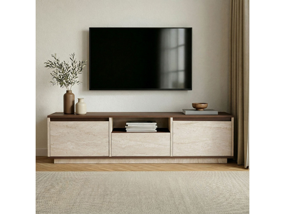 Drewniana szafka pod telewizor „Sentinel” – 160 x 30 x 42 cm – trawertyn / orzech milaneński