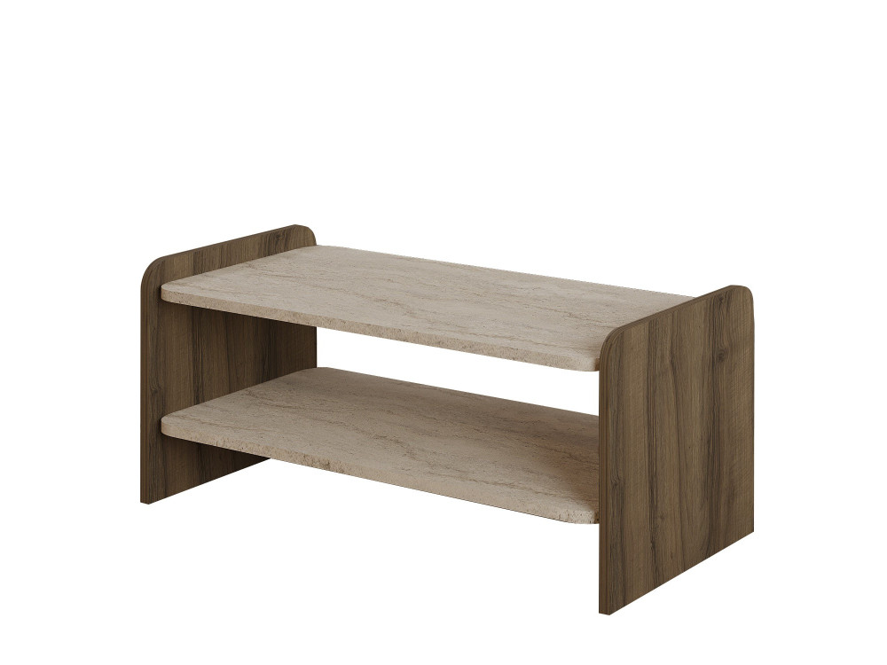 Drewniany stolik „Amon” – 89,8 x 39,8 x 44,8 cm – trawertyn / orzech antyczny