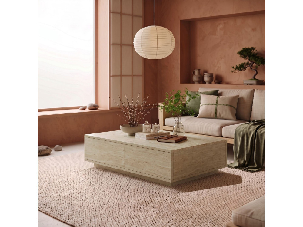 Drewniany stolik kawowy „Ave14” – 90 x 60 x 28 cm – trawertyn