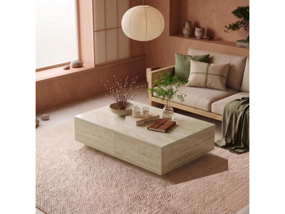 Drewniany stolik kawowy „Ave14” – 90 x 60 x 28 cm – trawertyn
