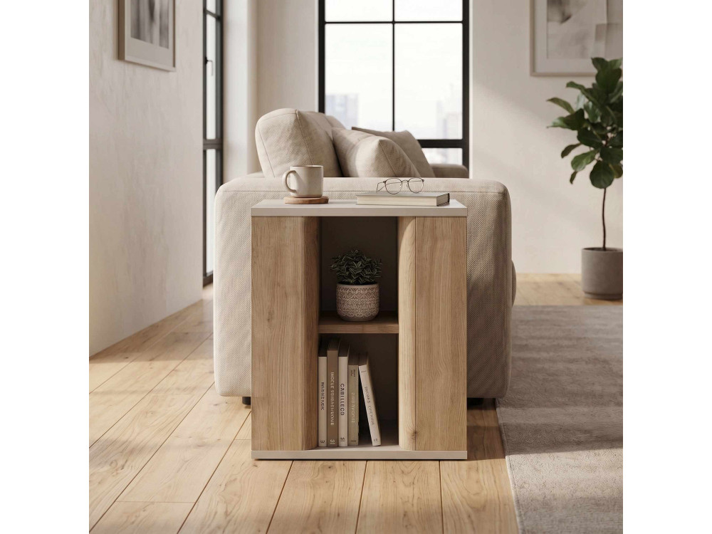 Drewniany stolik pomocniczy „VENTRO” – 45 x 25 x 51 cm – naturalny / kamionka