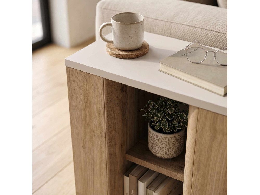 Drewniany stolik pomocniczy „VENTRO” – 45 x 25 x 51 cm – naturalny / kamionka