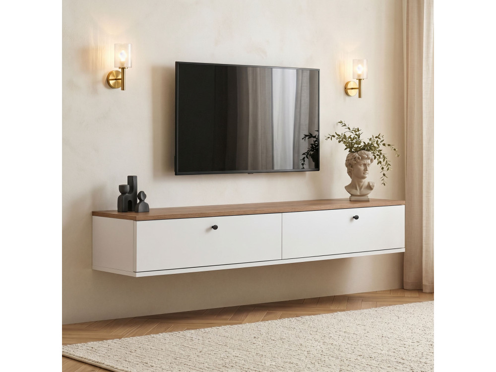 Drewniana szafka pod telewizor „Ligne 160” – 160 x 25 x 25 cm – biała