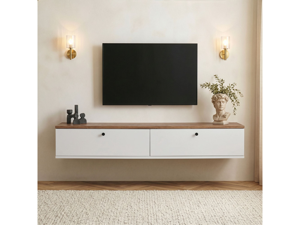 Drewniana szafka pod telewizor „Ligne 160” – 160 x 25 x 25 cm – biała