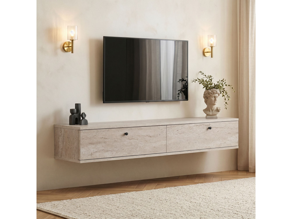 Drewniana szafka pod telewizor „Ligne 160” – 160 x 25 x 25 cm – trawertyn
