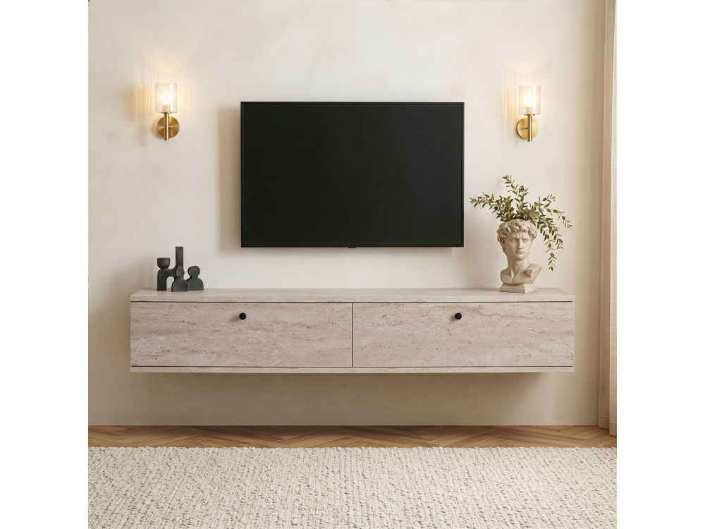 Drewniana szafka pod telewizor „Ligne 160” – 160 x 25 x 25 cm – trawertyn