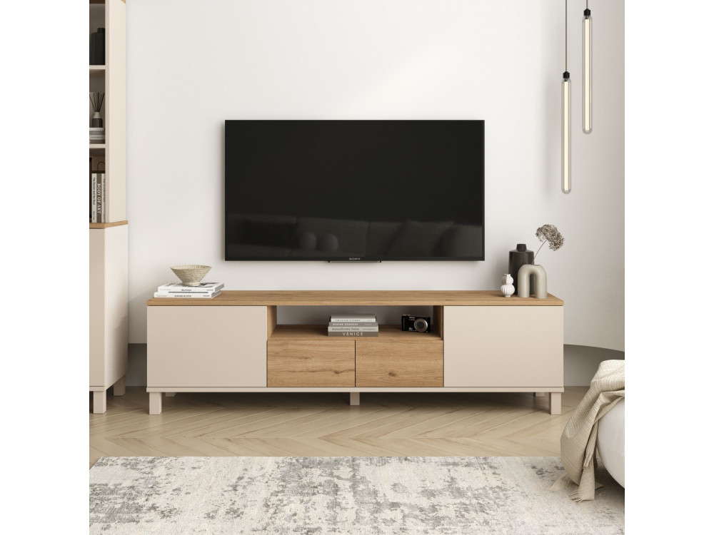 Drewniana szafka pod telewizor „Mood” – 180 x 35 x 49 cm – beżowa