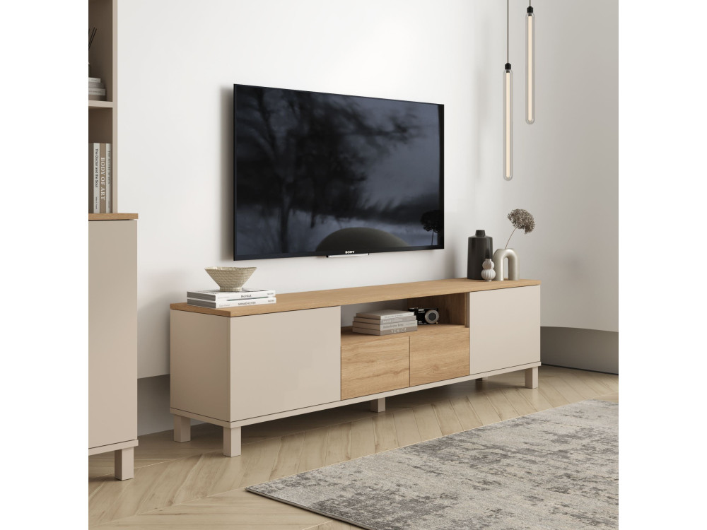 Drewniana szafka pod telewizor „Mood” – 180 x 35 x 49 cm – beżowa