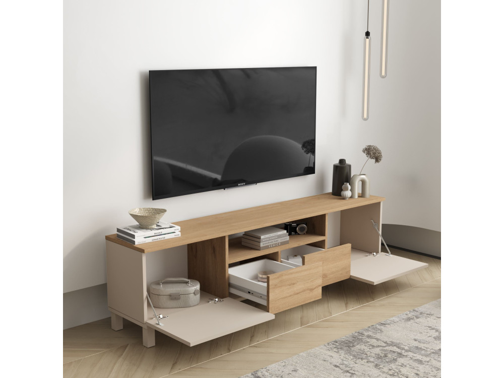 Drewniana szafka pod telewizor „Mood” – 180 x 35 x 49 cm – beżowa