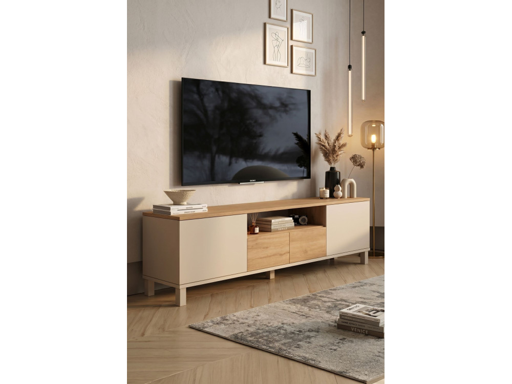 Drewniana szafka pod telewizor „Mood” – 180 x 35 x 49 cm – beżowa