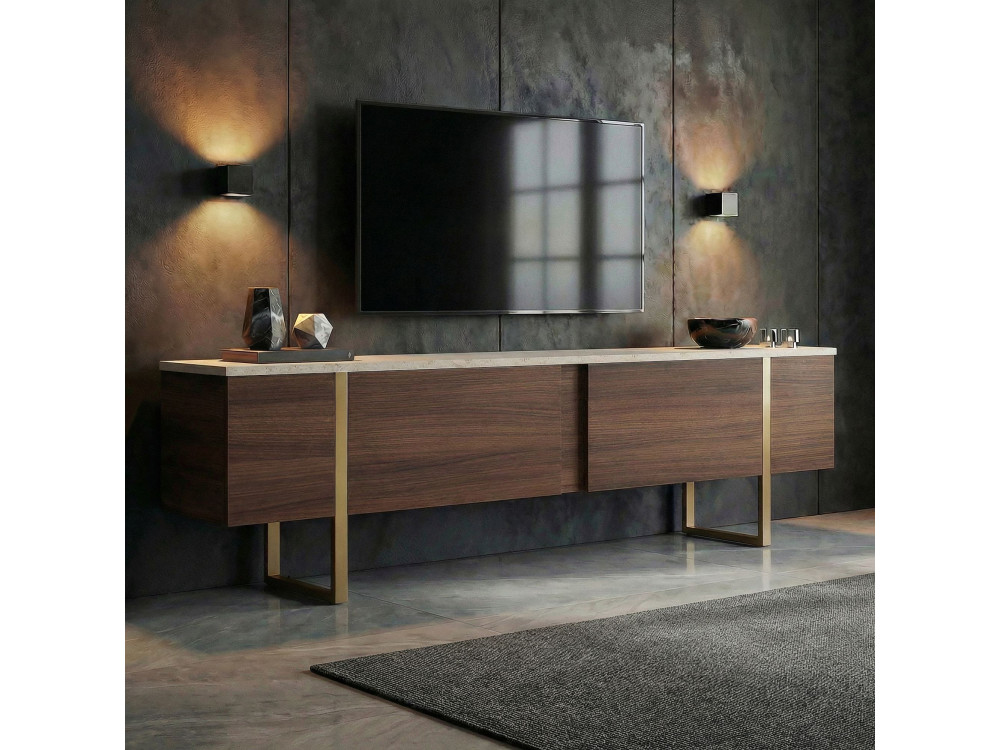 Drewniana szafka pod telewizor „Onera” – 180 x 30 x 50 cm – trawertyn