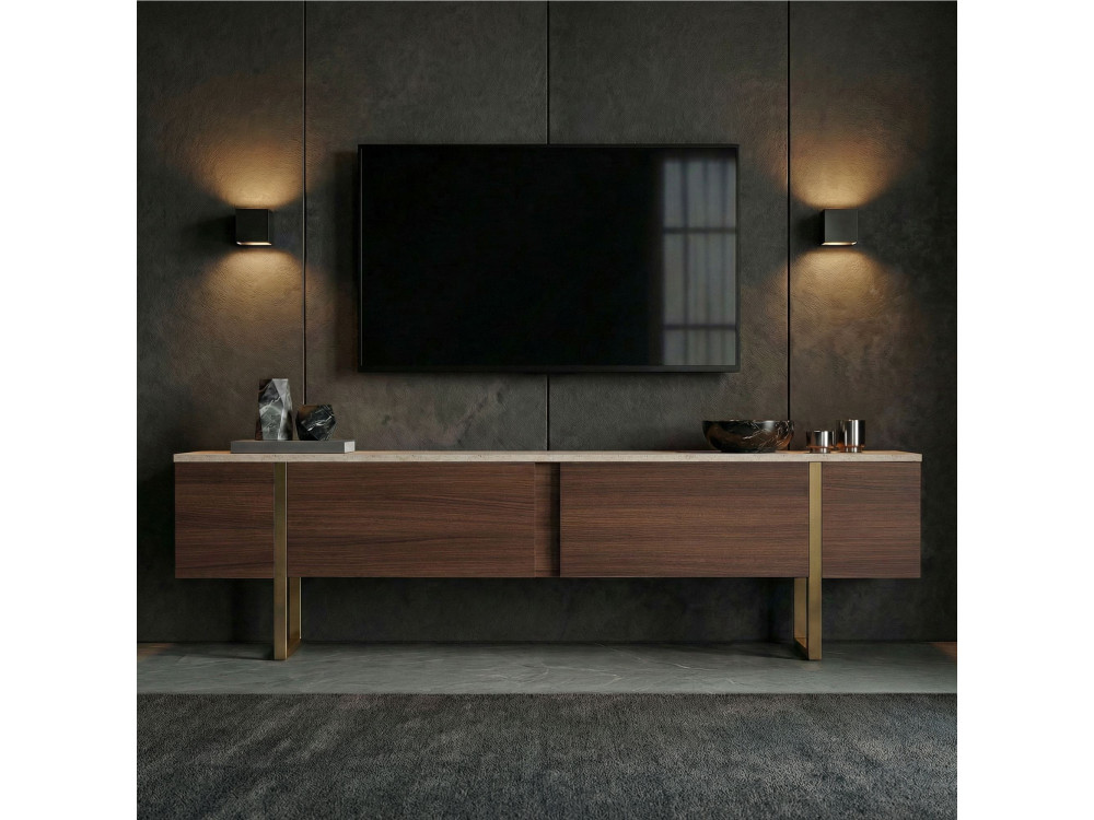 Drewniana szafka pod telewizor „Onera” – 180 x 30 x 50 cm – trawertyn