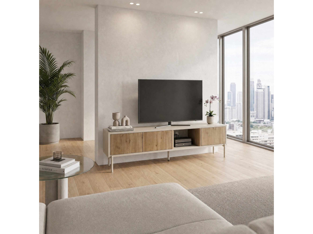 Drewniana szafka pod telewizor „VENTRO” – 150 x 36 x 40 cm – beżowa