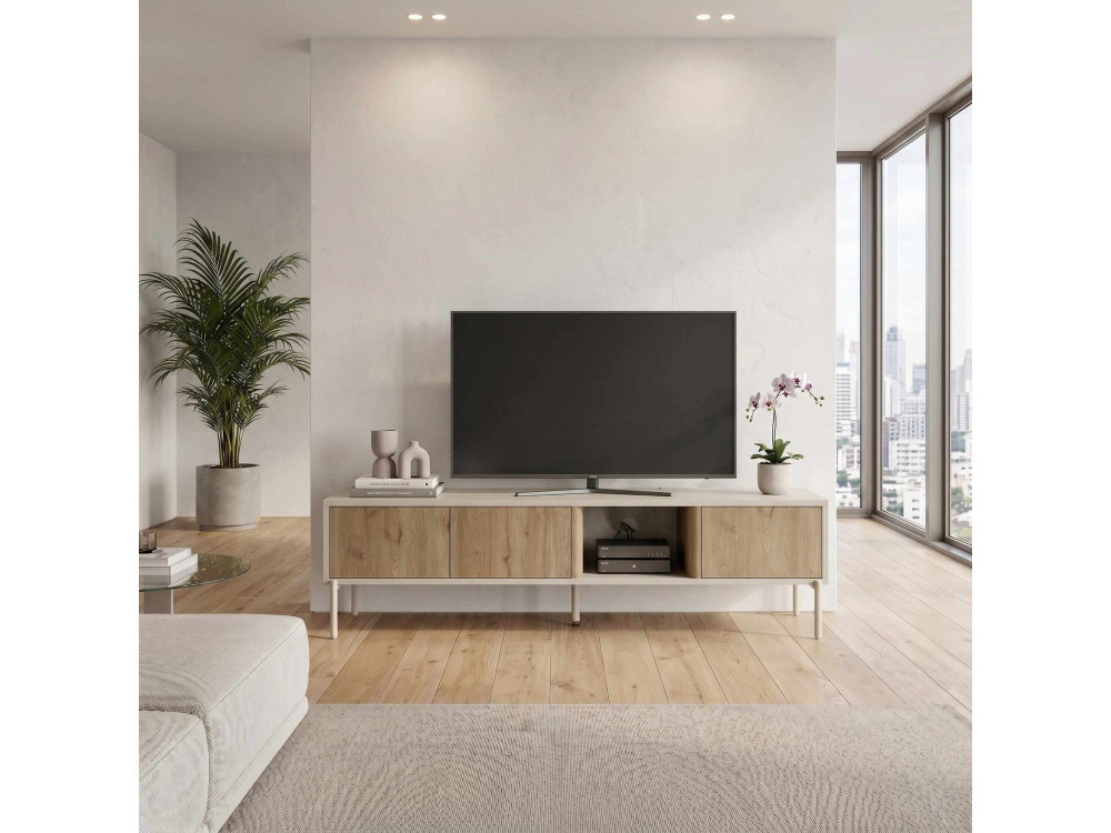 Drewniana szafka pod telewizor „VENTRO” – 150 x 36 x 40 cm – beżowa