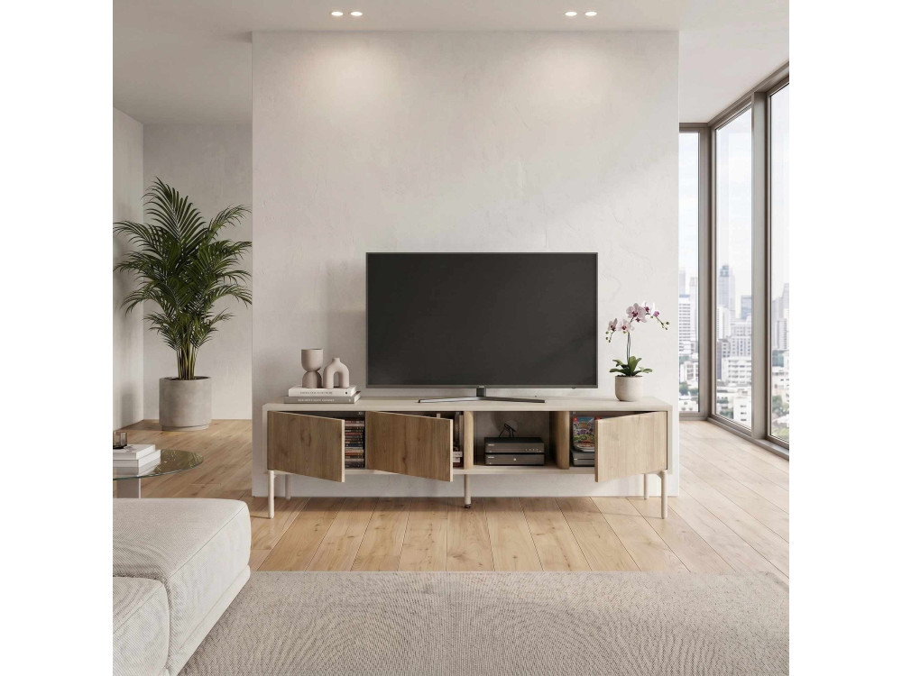 Drewniana szafka pod telewizor „VENTRO” – 150 x 36 x 40 cm – beżowa