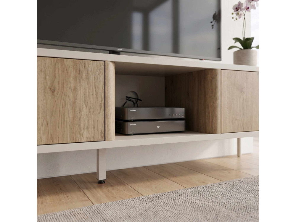 Drewniana szafka pod telewizor „VENTRO” – 150 x 36 x 40 cm – beżowa
