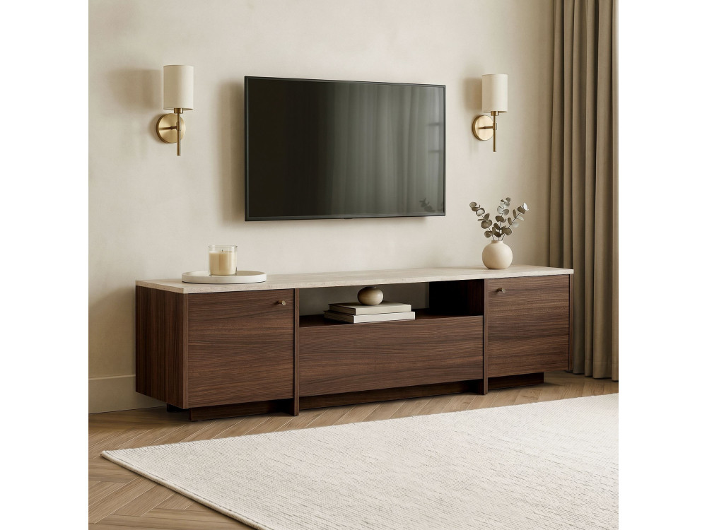 Drewniana szafka pod telewizor „Alvar” – 180 x 35 x 46 cm – trawertyn
