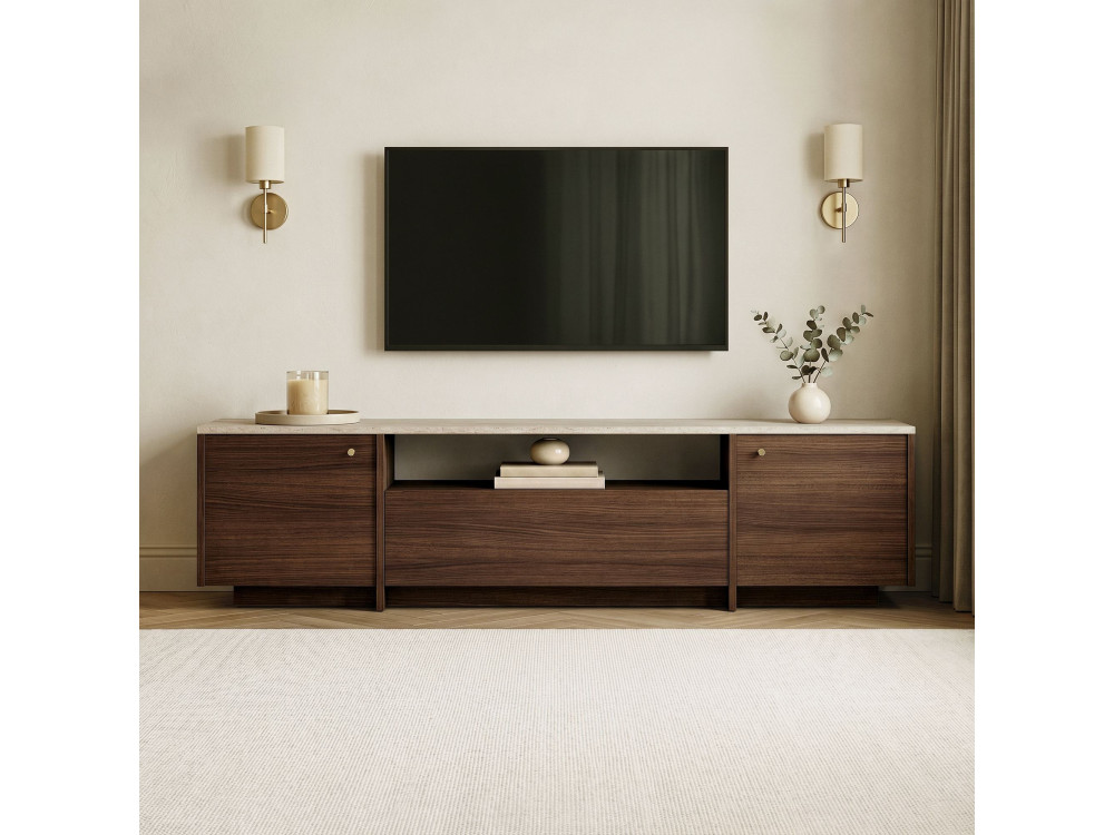 Drewniana szafka pod telewizor „Alvar” – 180 x 35 x 46 cm – trawertyn