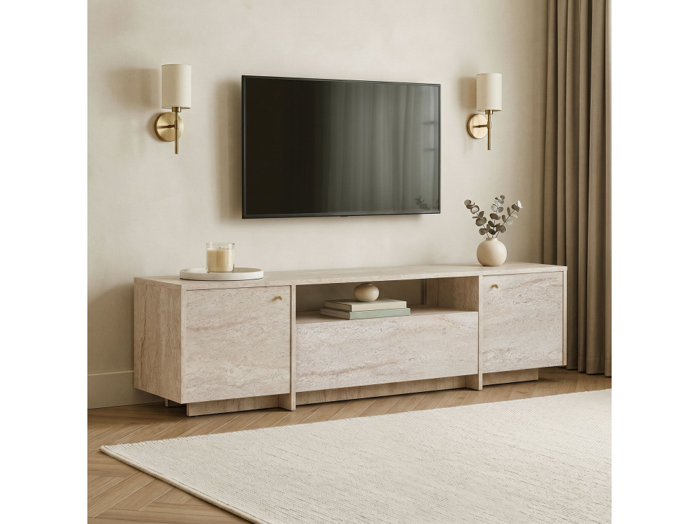 Drewniana szafka pod telewizor „Alvar” – 180 x 35 x 46 cm – beżowa