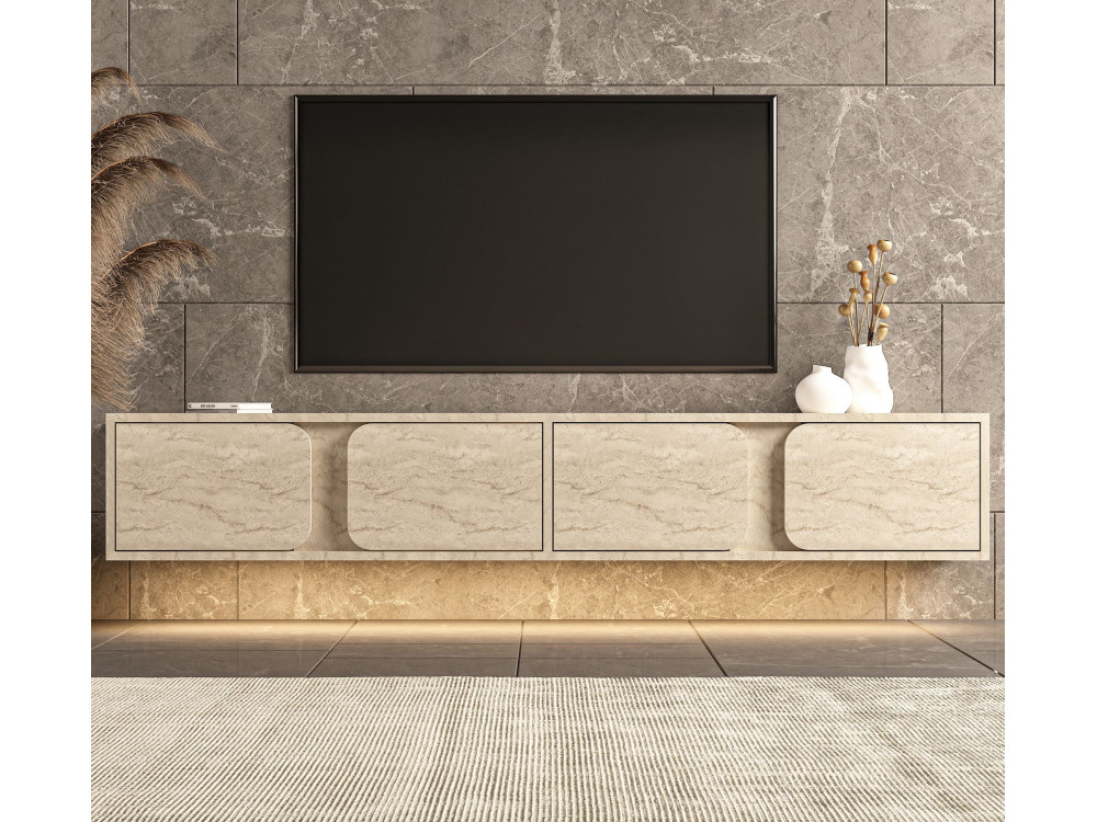 Drewniana szafka pod telewizor „Helen” – 180 x 30 x 30 cm – beżowa