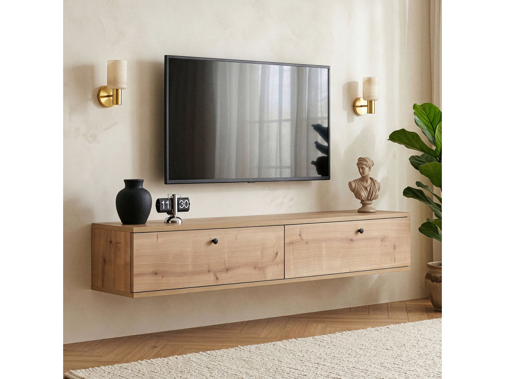 Drewniana szafka pod telewizor „Ligne 140” – 140 x 25 x 25 cm – beżowa