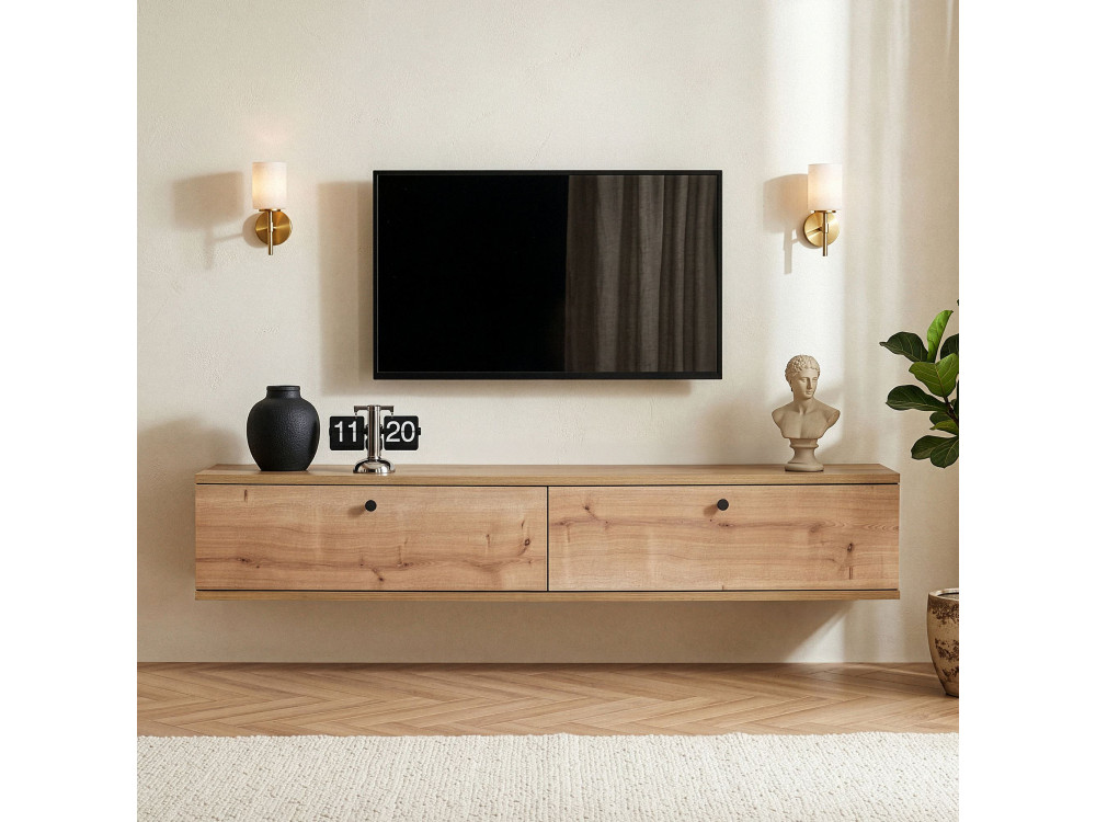 Drewniana szafka pod telewizor „Ligne 140” – 140 x 25 x 25 cm – beżowa