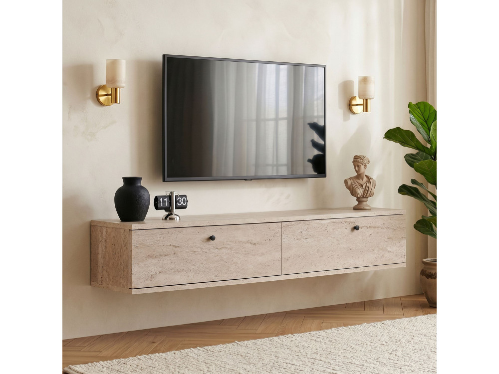 Drewniana szafka pod telewizor „Ligne 140” – 140 x 25 x 25 cm – trawertyn