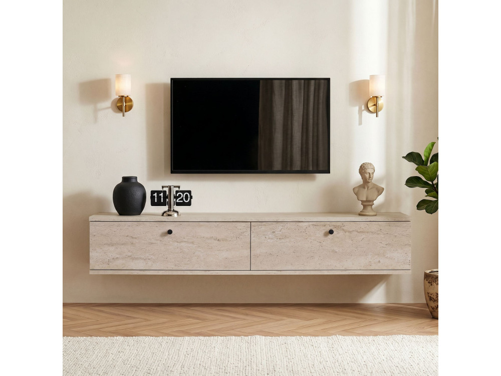 Drewniana szafka pod telewizor „Ligne 140” – 140 x 25 x 25 cm – trawertyn