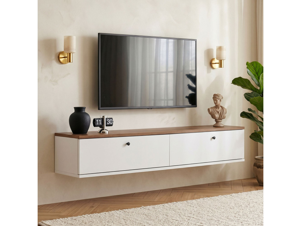 Drewniana szafka pod telewizor „Ligne 140” – 140 x 25 x 25 cm – biała