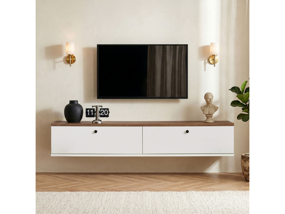 Drewniana szafka pod telewizor „Ligne 140” – 140 x 25 x 25 cm – biała